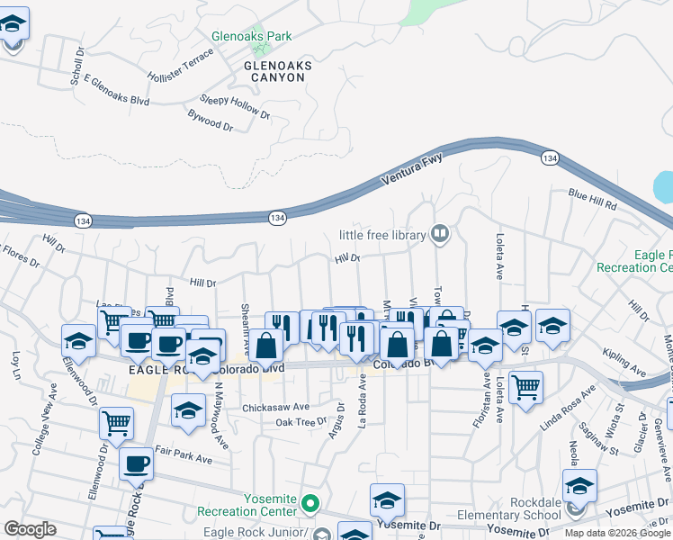 map of restaurants, bars, coffee shops, grocery stores, and more near 5258 Argus Drive in Los Angeles