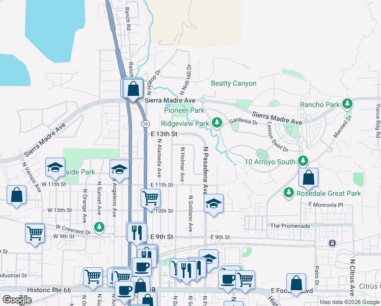 map of restaurants, bars, coffee shops, grocery stores, and more near 1202 North Soldano Drive in Azusa
