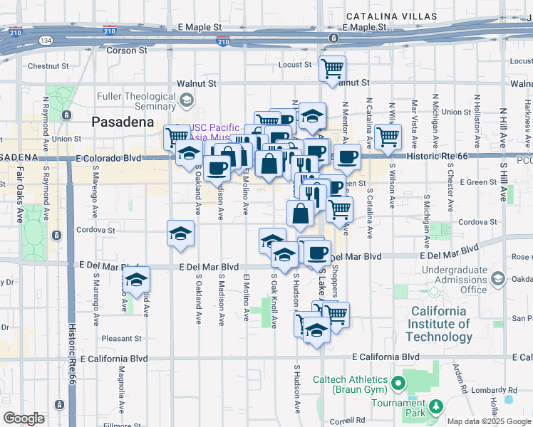 map of restaurants, bars, coffee shops, grocery stores, and more near 161 South Oak Knoll Avenue in Pasadena