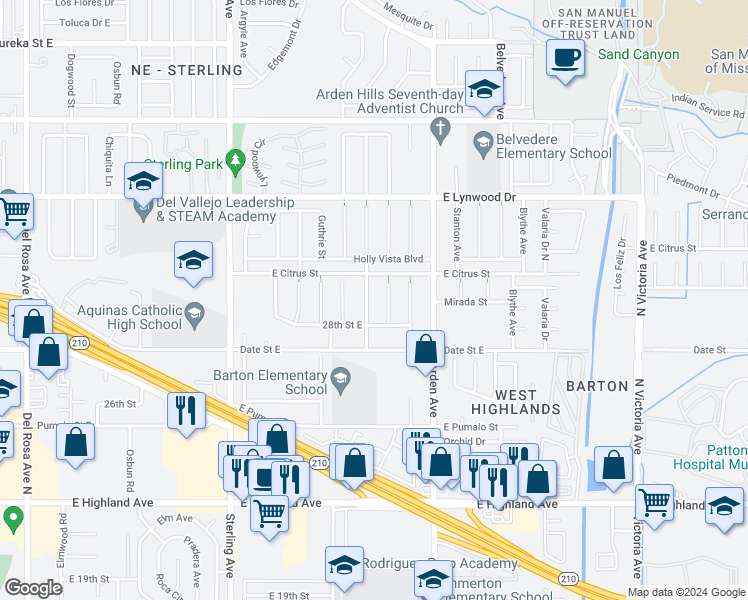 map of restaurants, bars, coffee shops, grocery stores, and more near 6105 McKinley Avenue in San Bernardino