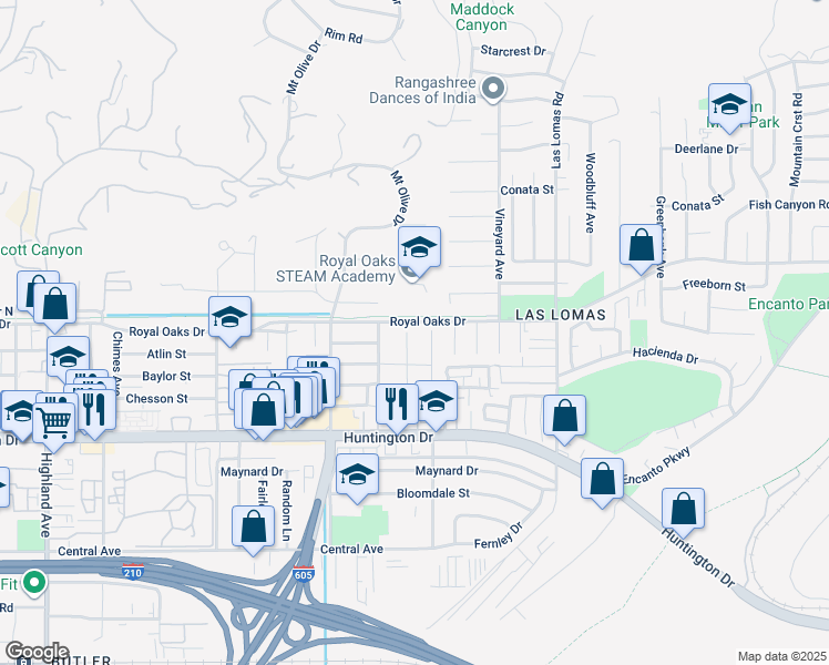 map of restaurants, bars, coffee shops, grocery stores, and more near 808 Edie Drive in Duarte
