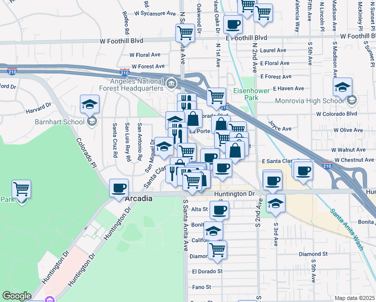 map of restaurants, bars, coffee shops, grocery stores, and more near 288 North Santa Anita Avenue in Arcadia