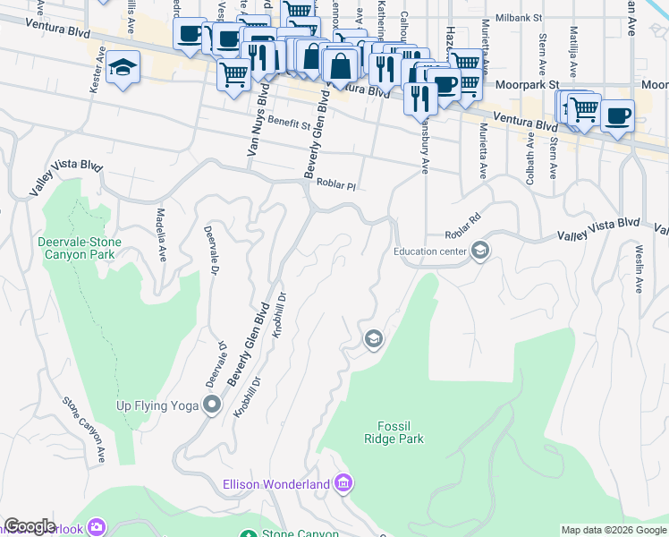 map of restaurants, bars, coffee shops, grocery stores, and more near 4016 Oakfield Drive in Los Angeles