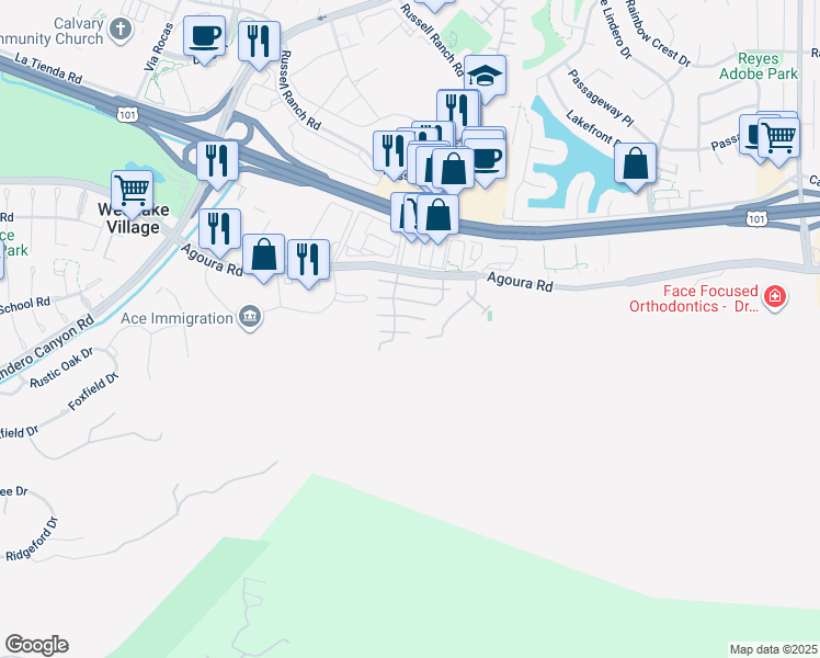 map of restaurants, bars, coffee shops, grocery stores, and more near 30979 Old Colony Way in Westlake Village