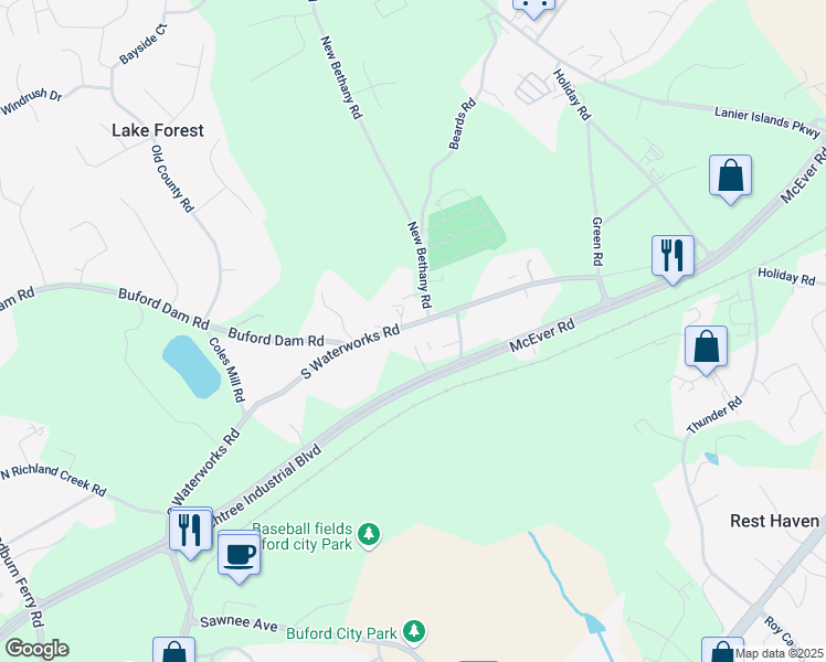 map of restaurants, bars, coffee shops, grocery stores, and more near 2870 South Waterworks Road in Buford