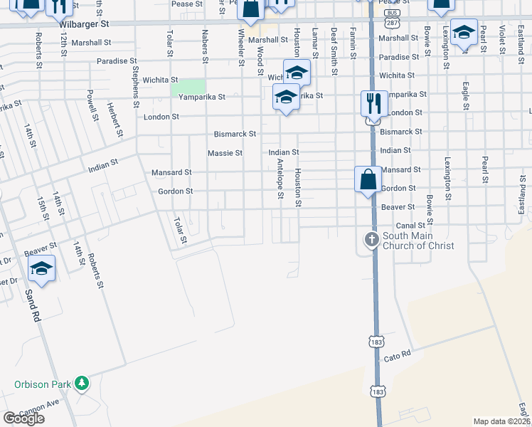 map of restaurants, bars, coffee shops, grocery stores, and more near 2801 Wood Street in Vernon