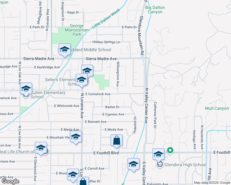 map of restaurants, bars, coffee shops, grocery stores, and more near 441 Willowgrove Avenue in Glendora