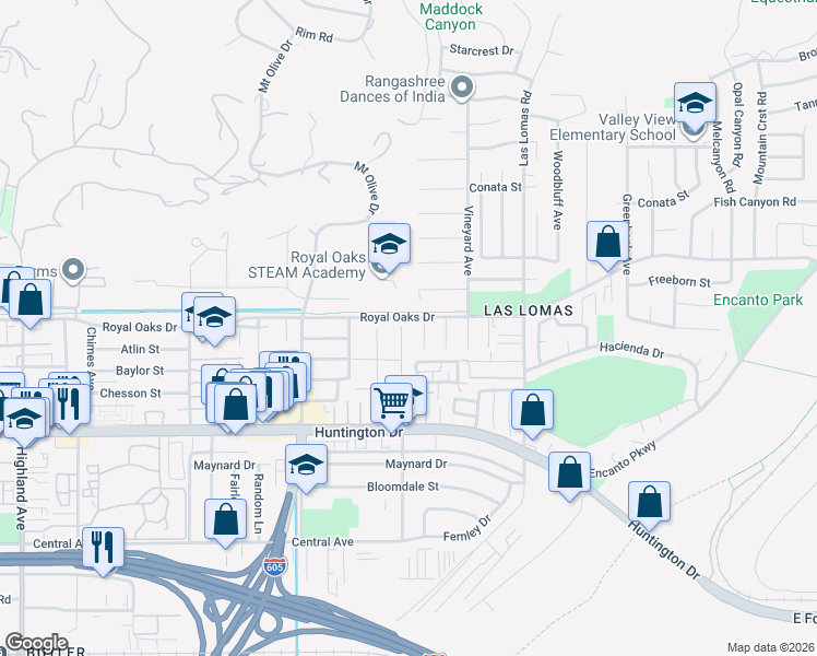 map of restaurants, bars, coffee shops, grocery stores, and more near 808 Crestfield Drive in Duarte