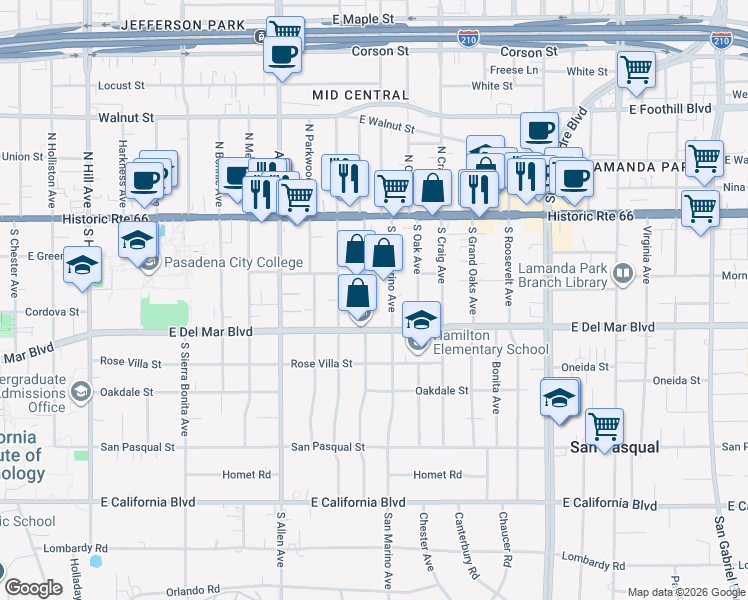 map of restaurants, bars, coffee shops, grocery stores, and more near South Berkeley Avenue in Pasadena