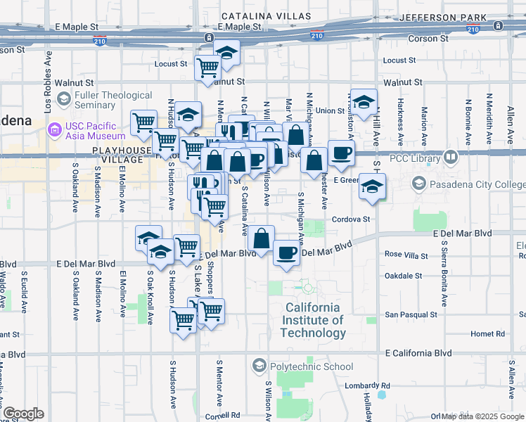 map of restaurants, bars, coffee shops, grocery stores, and more near 151 South Wilson Avenue in Pasadena
