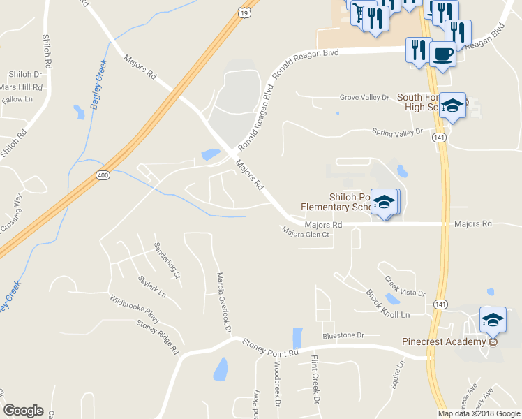 map of restaurants, bars, coffee shops, grocery stores, and more near 7925 Majors Mill Drive in Cumming