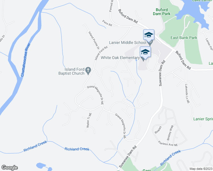 map of restaurants, bars, coffee shops, grocery stores, and more near 6715 River Island Circle in Buford