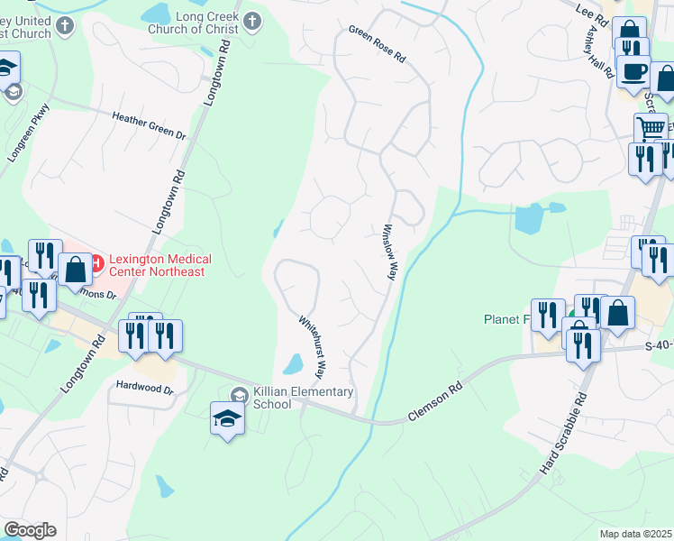 map of restaurants, bars, coffee shops, grocery stores, and more near 25 Winslow Court in Columbia