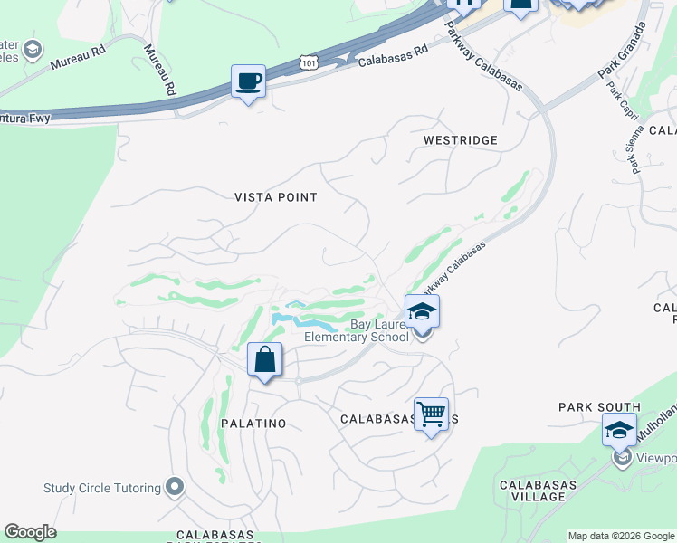 map of restaurants, bars, coffee shops, grocery stores, and more near 24650 Park Miramar in Calabasas