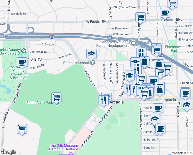map of restaurants, bars, coffee shops, grocery stores, and more near 235 Santa Rosa Road in Arcadia