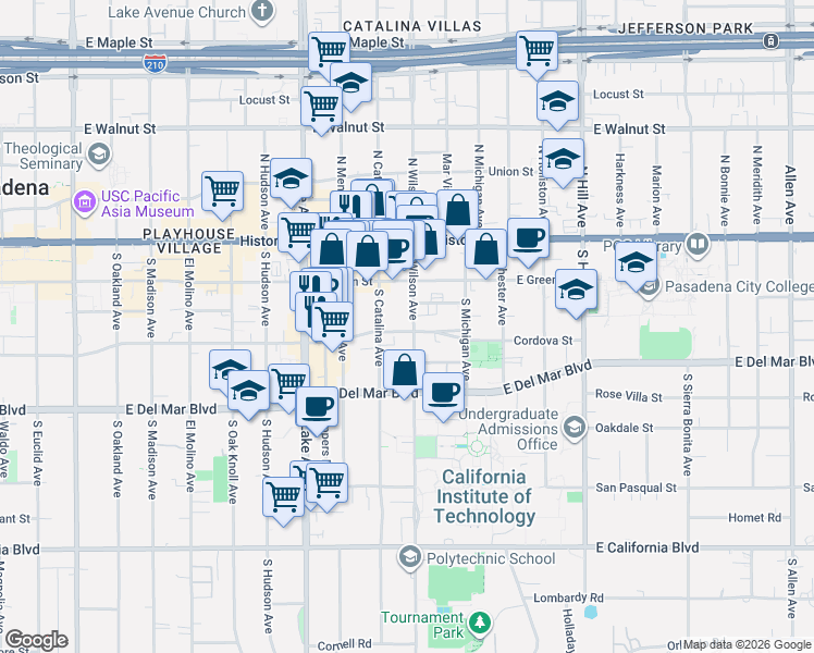 map of restaurants, bars, coffee shops, grocery stores, and more near 151 South Wilson Avenue in Pasadena