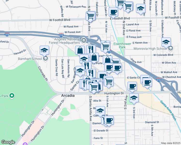 map of restaurants, bars, coffee shops, grocery stores, and more near 288 North Santa Anita Avenue in Arcadia