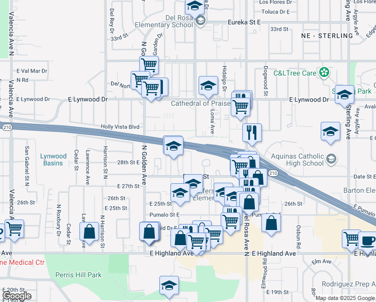 map of restaurants, bars, coffee shops, grocery stores, and more near 1123 East 29th Street in San Bernardino