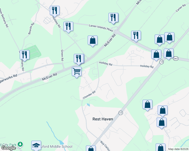 map of restaurants, bars, coffee shops, grocery stores, and more near 470 Thunder Road in Buford