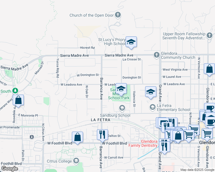 map of restaurants, bars, coffee shops, grocery stores, and more near 19022 West Leadora Avenue in Glendora