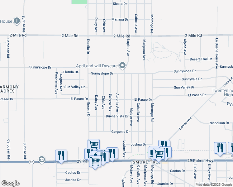 map of restaurants, bars, coffee shops, grocery stores, and more near in Twentynine Palms