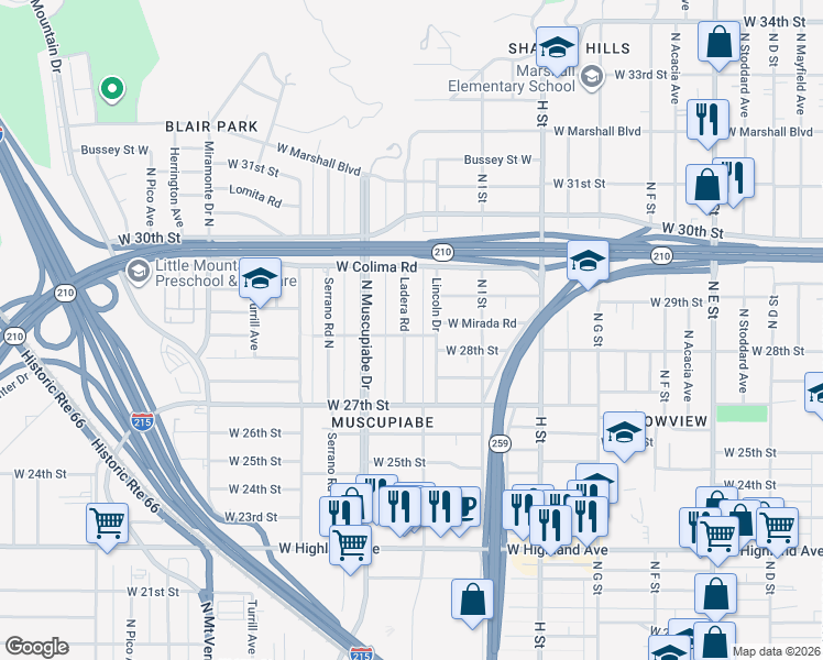 map of restaurants, bars, coffee shops, grocery stores, and more near 2803 Ladera Road in San Bernardino