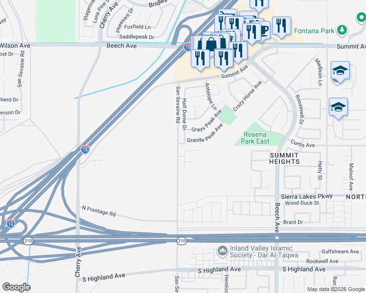 map of restaurants, bars, coffee shops, grocery stores, and more near 14950 Catania Way in Fontana
