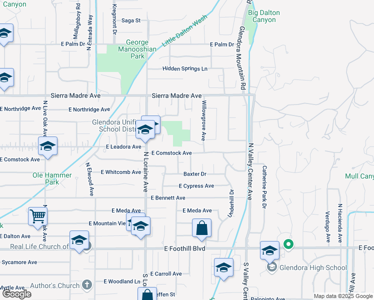 map of restaurants, bars, coffee shops, grocery stores, and more near 1217 East Comstock Avenue in Glendora