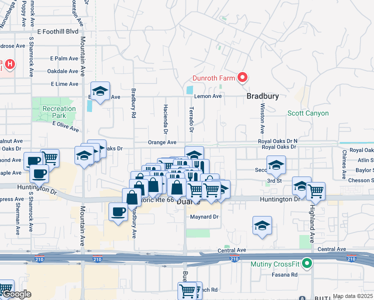 map of restaurants, bars, coffee shops, grocery stores, and more near 1210 Royal Oaks Drive in Duarte