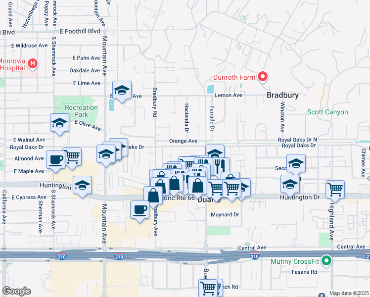 map of restaurants, bars, coffee shops, grocery stores, and more near 1210 Royal Oaks Drive in Duarte