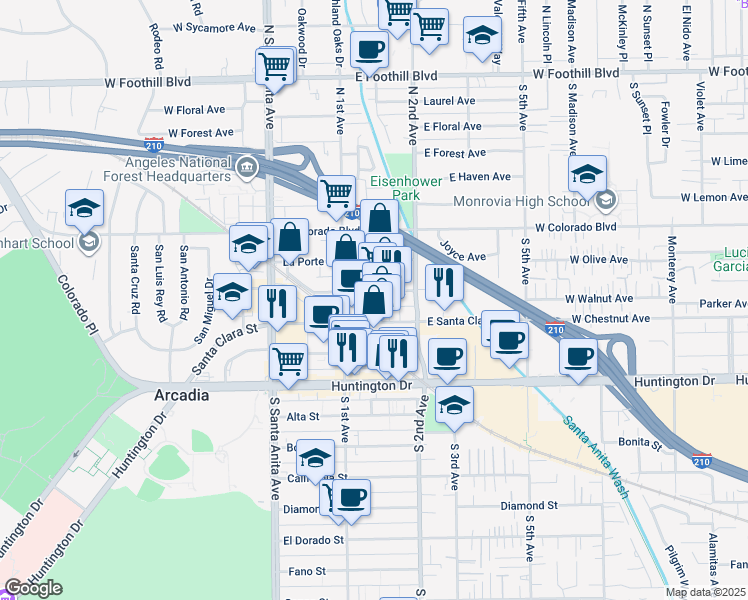 map of restaurants, bars, coffee shops, grocery stores, and more near 118 East Saint Joseph Street in Arcadia
