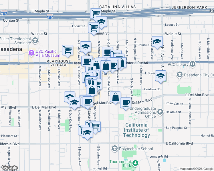 map of restaurants, bars, coffee shops, grocery stores, and more near 999 Cordova Street in Pasadena