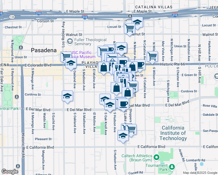 map of restaurants, bars, coffee shops, grocery stores, and more near 156 South Oak Knoll Avenue in Pasadena
