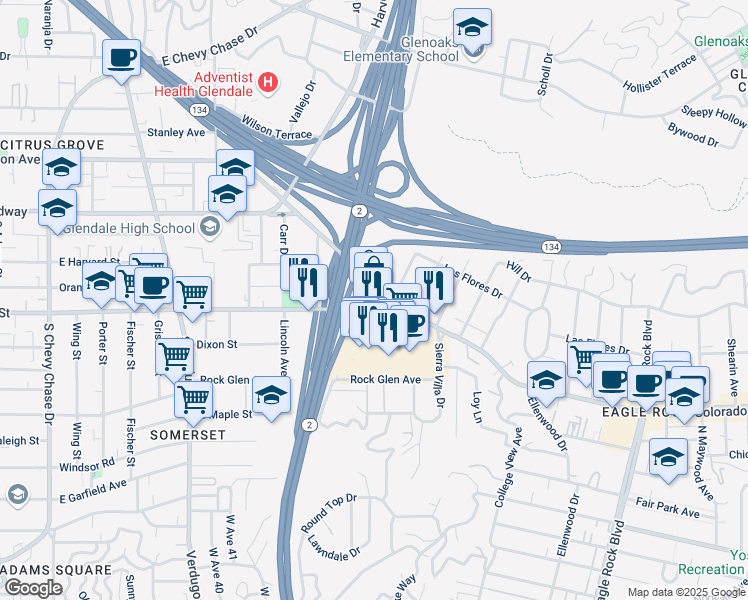 map of restaurants, bars, coffee shops, grocery stores, and more near 2750 West Broadway in Los Angeles