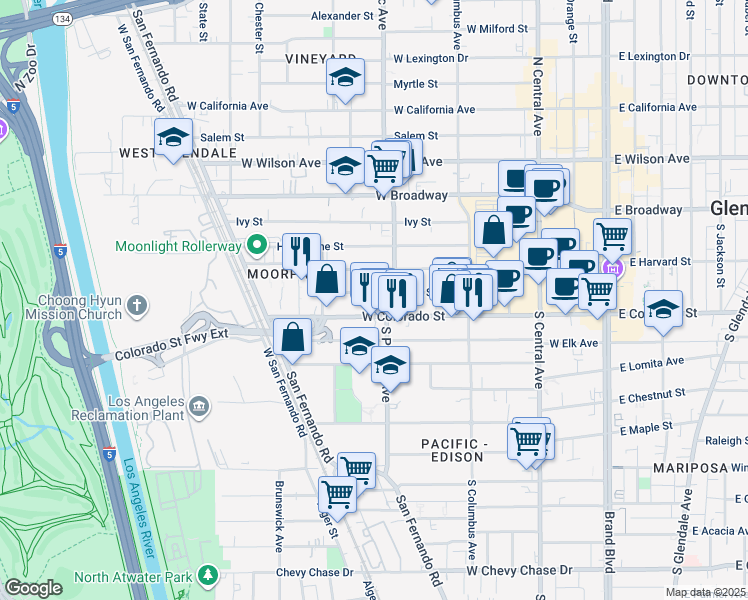 map of restaurants, bars, coffee shops, grocery stores, and more near 478 Colorado Boulevard in Glendale