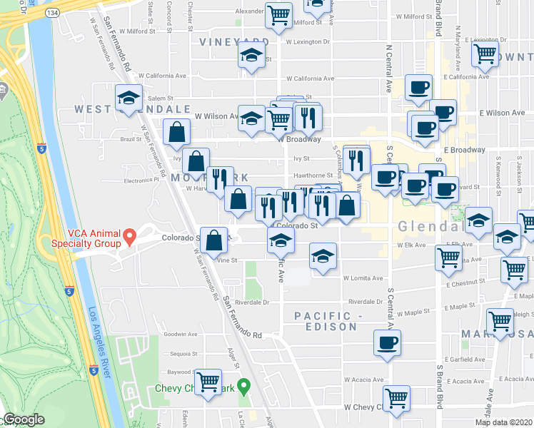 map of restaurants, bars, coffee shops, grocery stores, and more near 546 Oak Street in Glendale