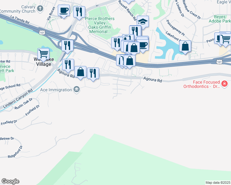 map of restaurants, bars, coffee shops, grocery stores, and more near 30993 Old Colony Way in Westlake Village