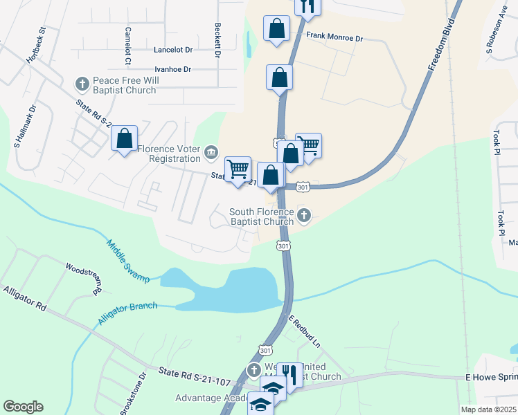 map of restaurants, bars, coffee shops, grocery stores, and more near 2711 South Irby Street in Florence