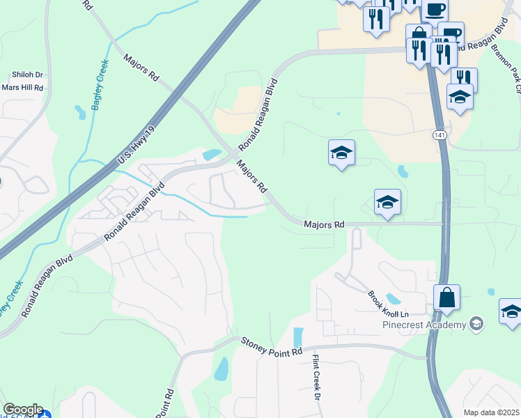 map of restaurants, bars, coffee shops, grocery stores, and more near 7925 Majors Mill Drive in Cumming