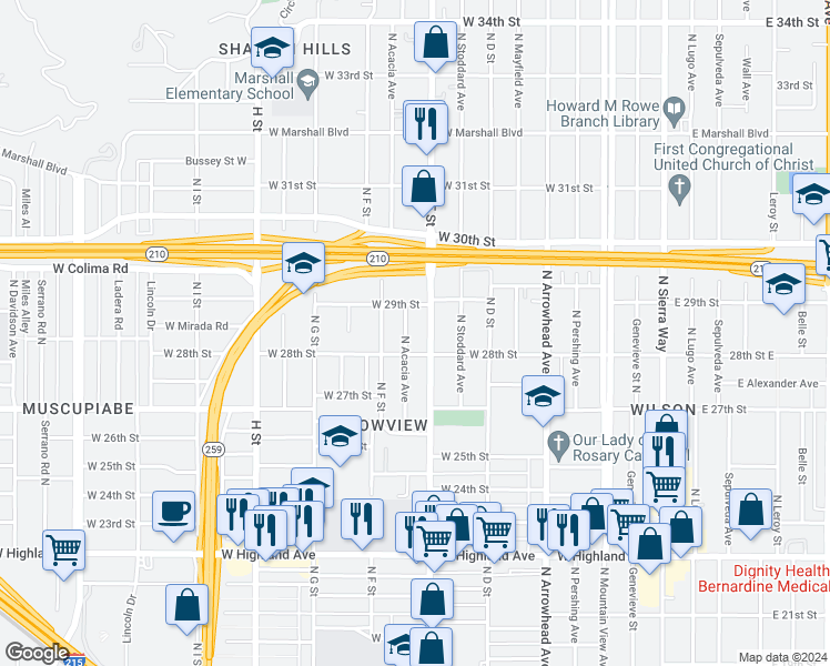 map of restaurants, bars, coffee shops, grocery stores, and more near 2849 North Acacia Avenue in San Bernardino