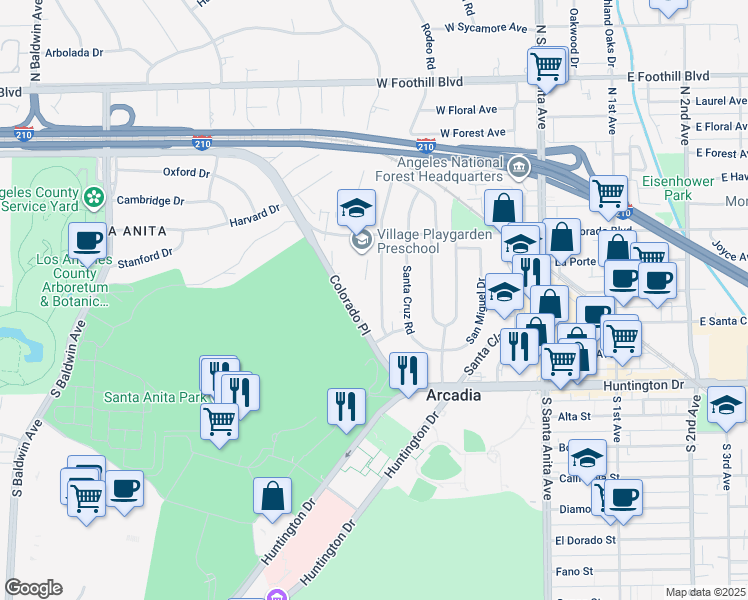 map of restaurants, bars, coffee shops, grocery stores, and more near 235 Santa Rosa Road in Arcadia