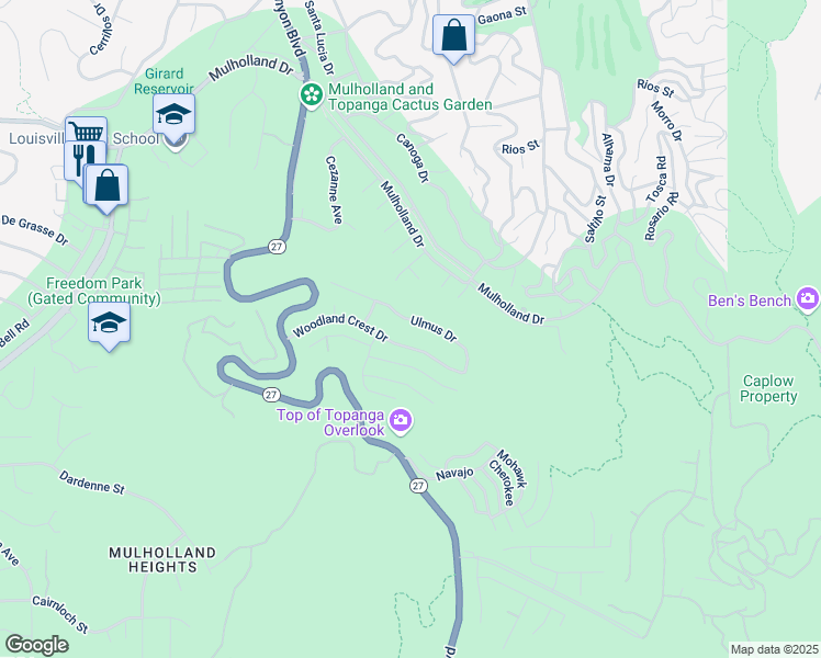 map of restaurants, bars, coffee shops, grocery stores, and more near 21740 Ulmus Drive in Topanga