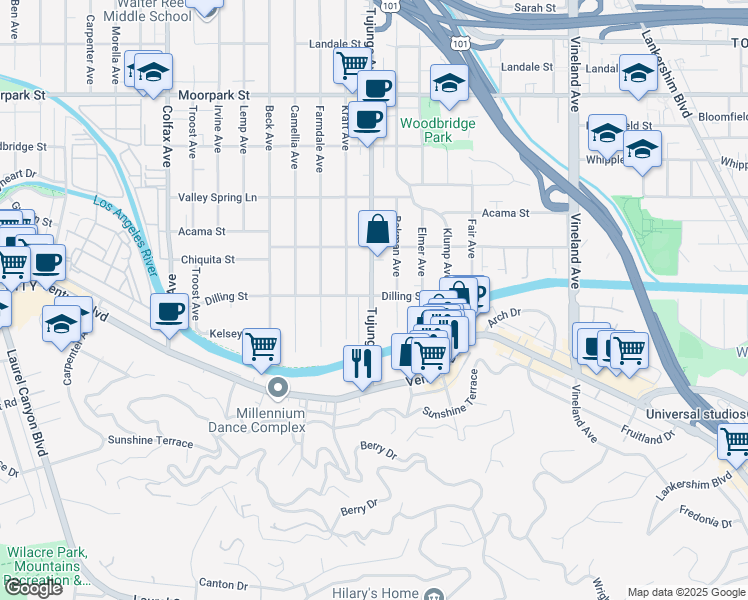 map of restaurants, bars, coffee shops, grocery stores, and more near 4122 Tujunga Avenue in Studio City