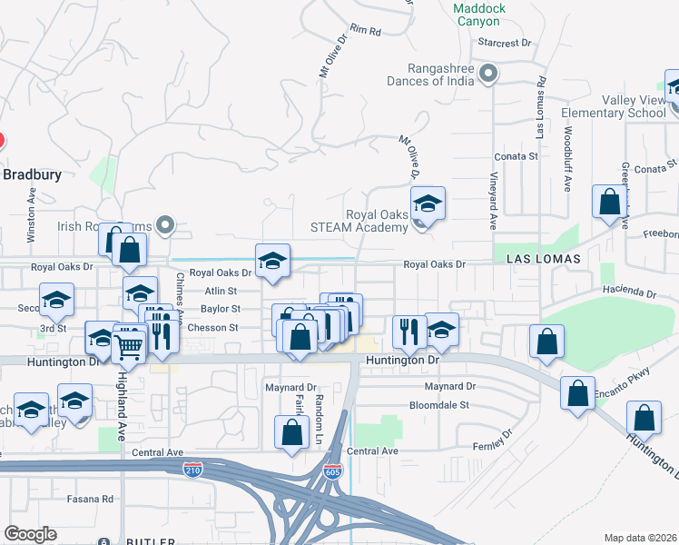 map of restaurants, bars, coffee shops, grocery stores, and more near 2200 Oakhaven Drive in Duarte