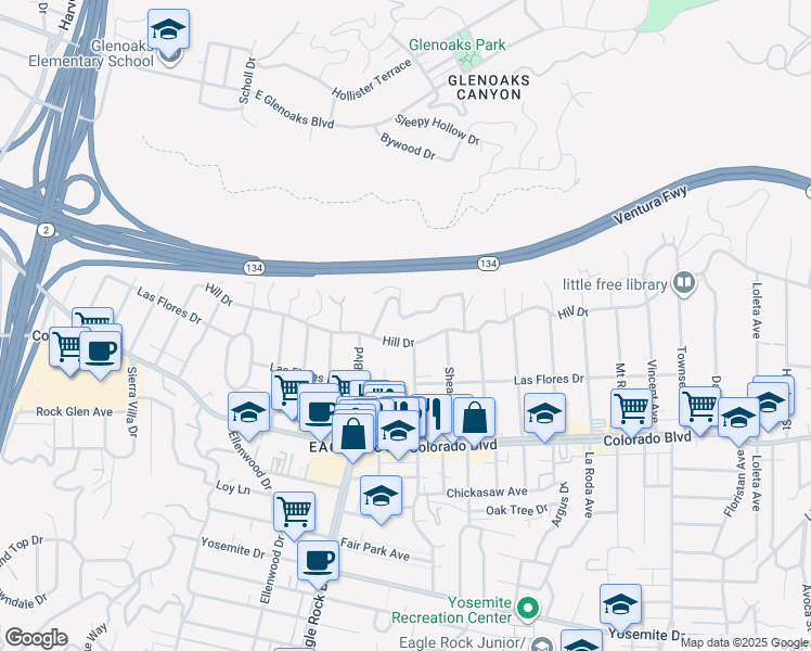 map of restaurants, bars, coffee shops, grocery stores, and more near 2020 Estes Road in Los Angeles