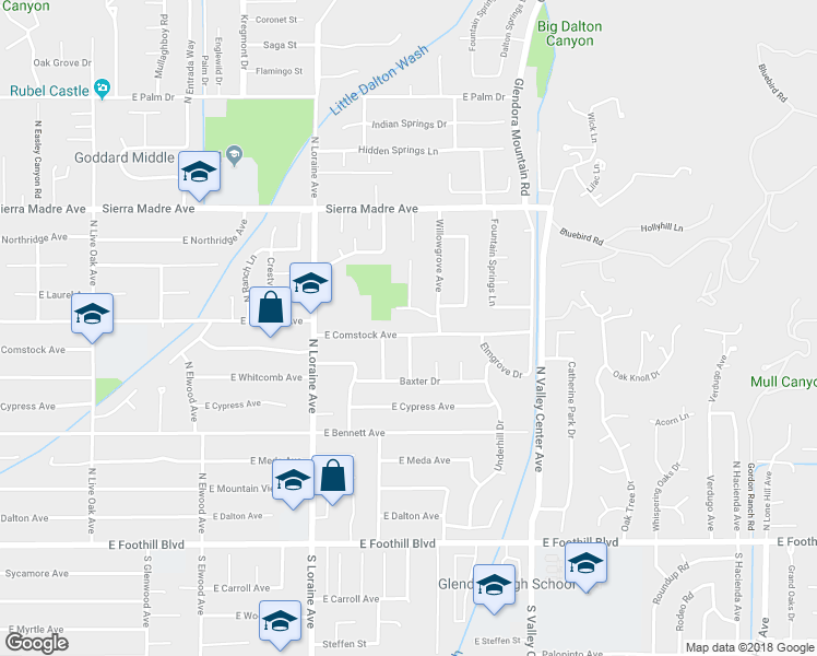 map of restaurants, bars, coffee shops, grocery stores, and more near 1229 East Comstock Avenue in Glendora