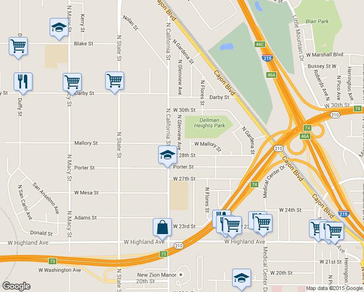 map of restaurants, bars, coffee shops, grocery stores, and more near 2835 Glenview Avenue in San Bernardino