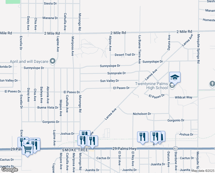map of restaurants, bars, coffee shops, grocery stores, and more near 72286 El Paseo Drive in Twentynine Palms