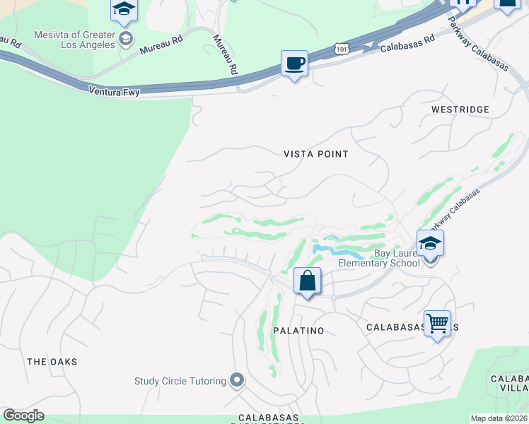 map of restaurants, bars, coffee shops, grocery stores, and more near 24548 Palermo Drive in Calabasas