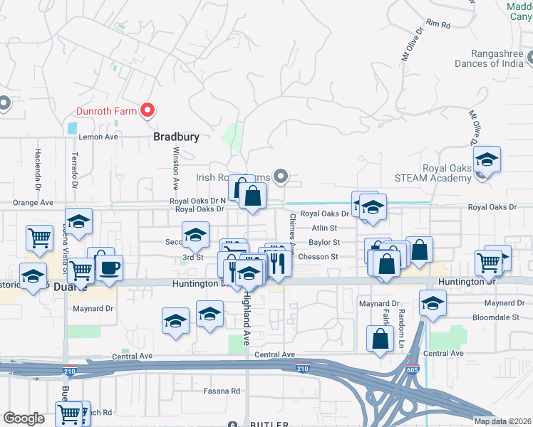 map of restaurants, bars, coffee shops, grocery stores, and more near 1828 Royal Oaks Drive in Duarte